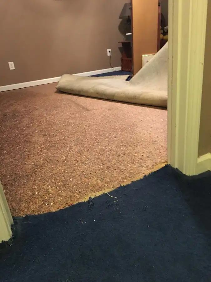 Carpet pad removal revealing water damage during Drying & Dehumidification in Wood-Ridge